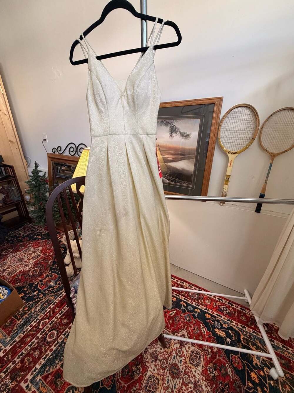 Long Gold Glitter Dress Size 3 Formal Evening Ball Gown Prom Spaghetti Strap Fla